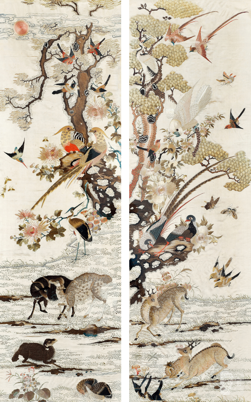 清 粤绣花鸟瑞兽对屏 - 图1
